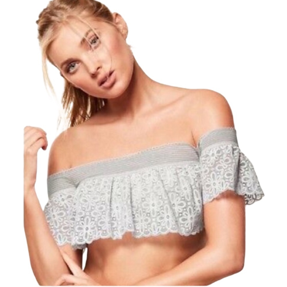 VICTORIA'S SECRET Romantic Bohemian Y2K Lace Off Shoulder Crop Top Grey Small